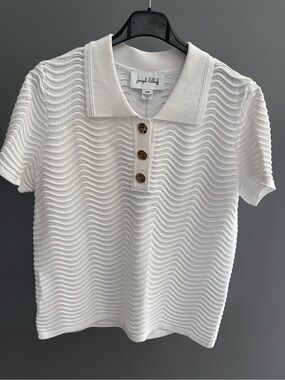 Joseph Ribkoff White Short-Sleeve Knit Polo with Gold-Tone Buttons